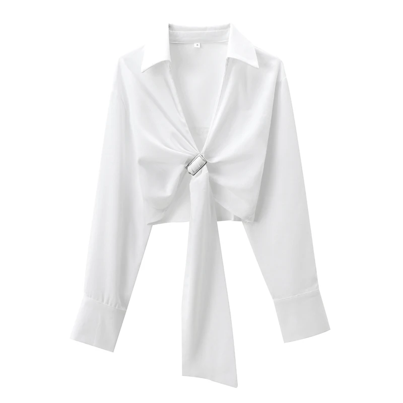 Short Linen Shirt Eelegant V-Neck Office Lady Tops Women Fashion Long Sleeves Shirt  Waist Sashes Design Simple Style Streetwear