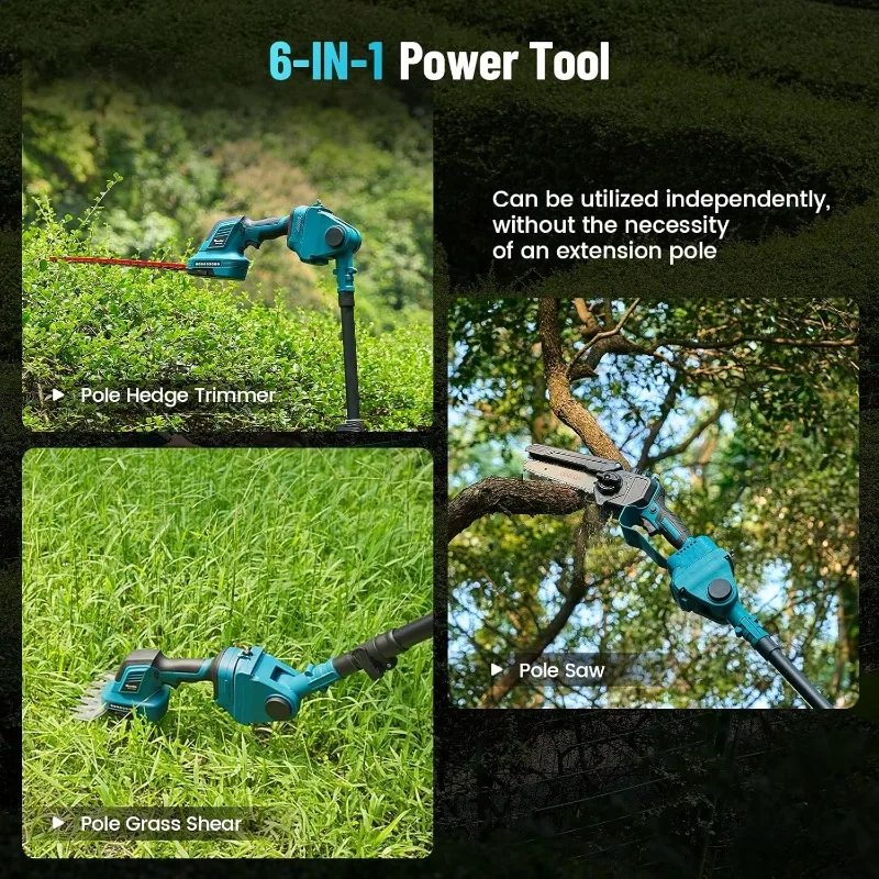 6 in 1 Cordless Pole Saw and Pole Hedge Trimmer Grass Shear Combo Kit, Electric Mini Chainsaw