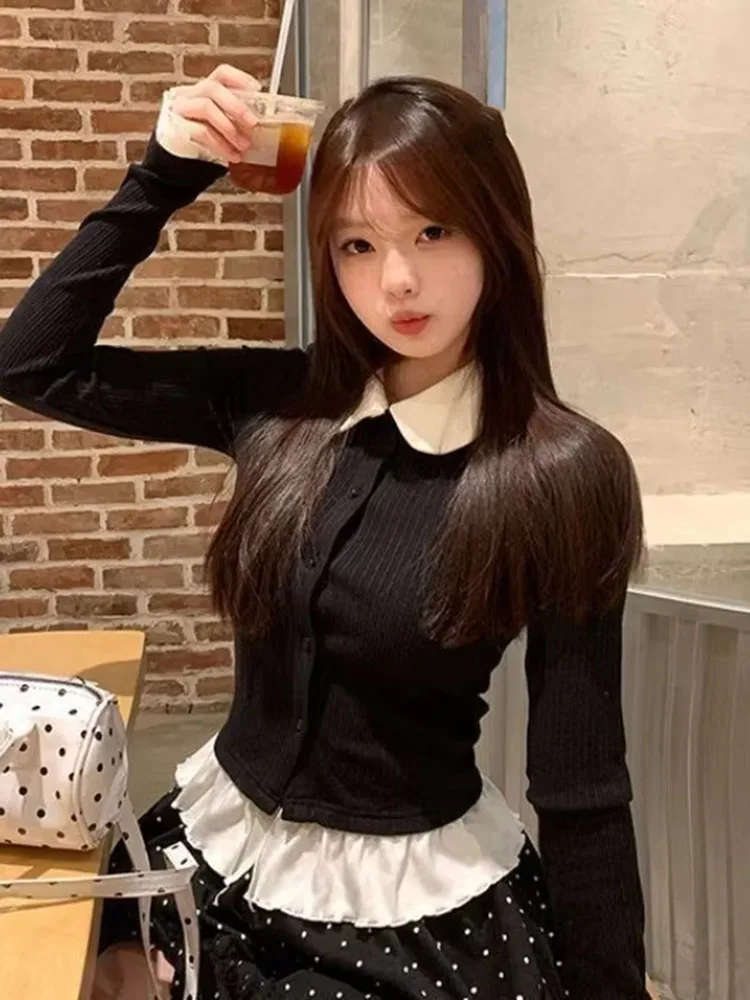 Women T Shirts Patchwork Fake Two Piece Peter Pan Collar Slim Vintage Long Sleeve Sexy Crop Tops Autumn Fashion Female