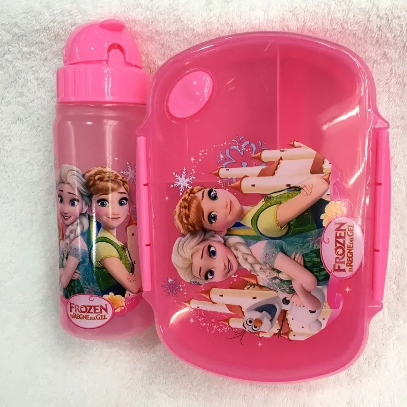 Disney Elsa Lunch Box Water Bottle Set Cartoon Outdoor Sports Plastic Cup Student Picnic Food Fruit Salad Containers Bento Boxes