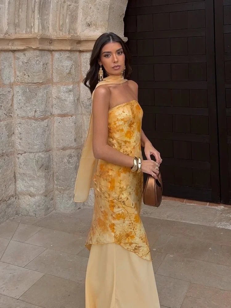 

Yellow Printed Skirt Two-piece Set Strapless Tops Women With Scarf Patchwork Hem Maxi Skirts Suit Sexy Vacation Party Outfits