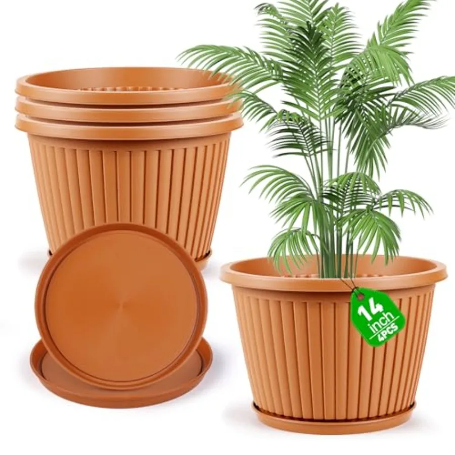 

Большие пластиковые горшки для растений (4 шт.) для дома и улицы с поддонами и дренажными отверстиями, современные садовые кашпо