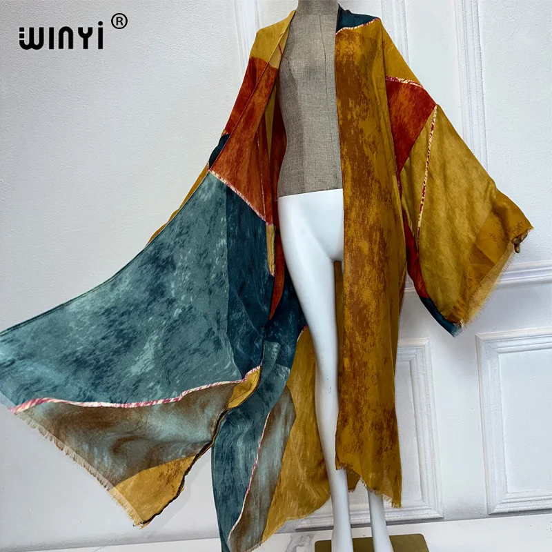 WINYI summer kimono beach wear women 2024 Africa dress bikini cover up Cardigan Geometric print abayas dubai luxury muslim dress