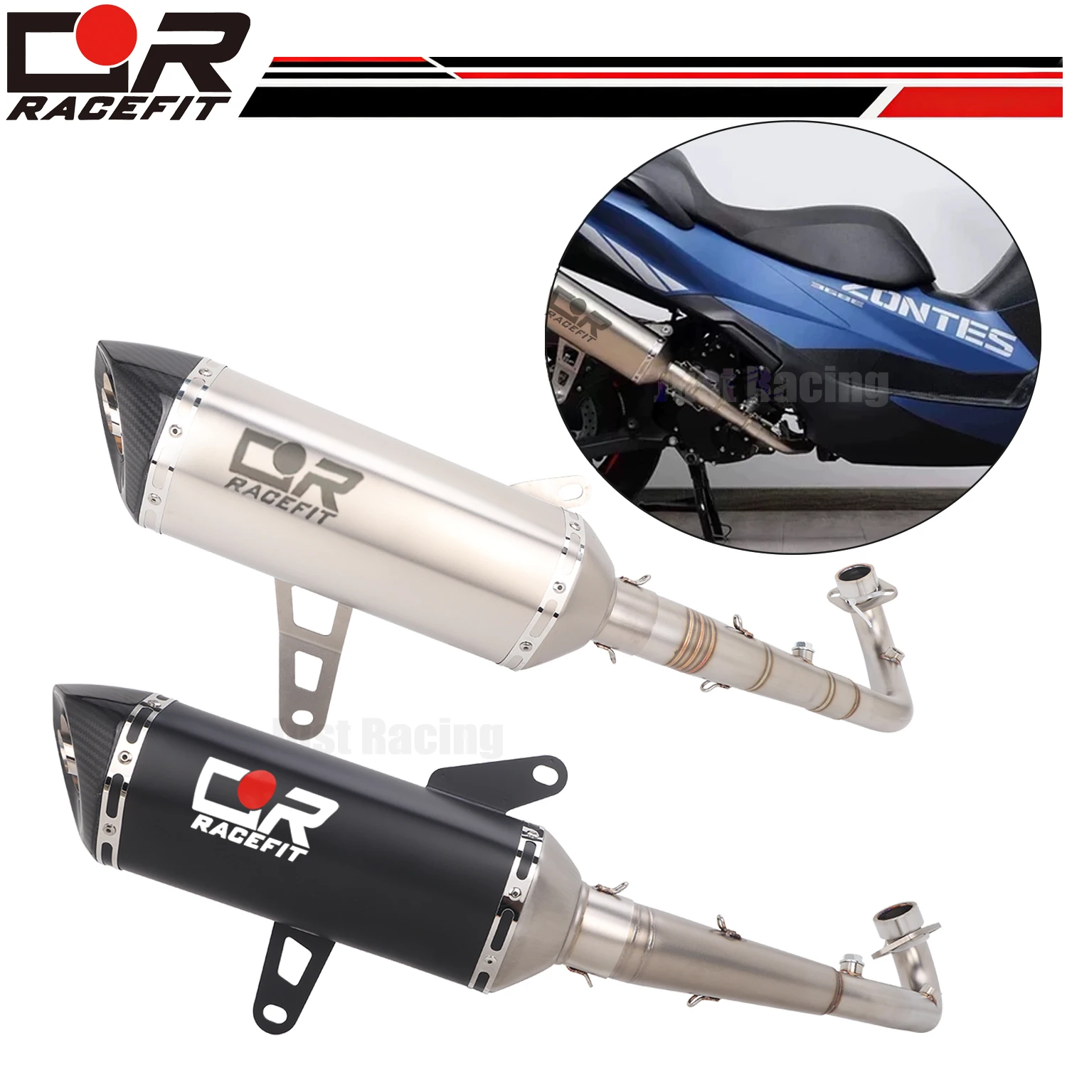 Sistema di Scarico per Moto ZONTES 368G 368E, Tubo di Collegamento Anteriore e Silenziatore in Carbonio