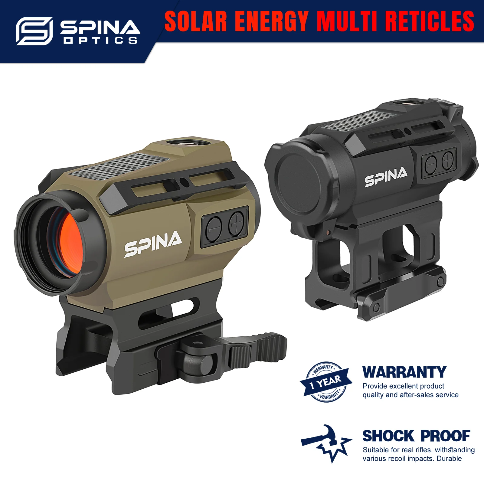 SPINA OPTICS 1x20 Solar Energy Red Dot Scope Optic Sight Hunting Waterproof QD Mount AR CQB Sight Armed .223 5.56 .308 7.62