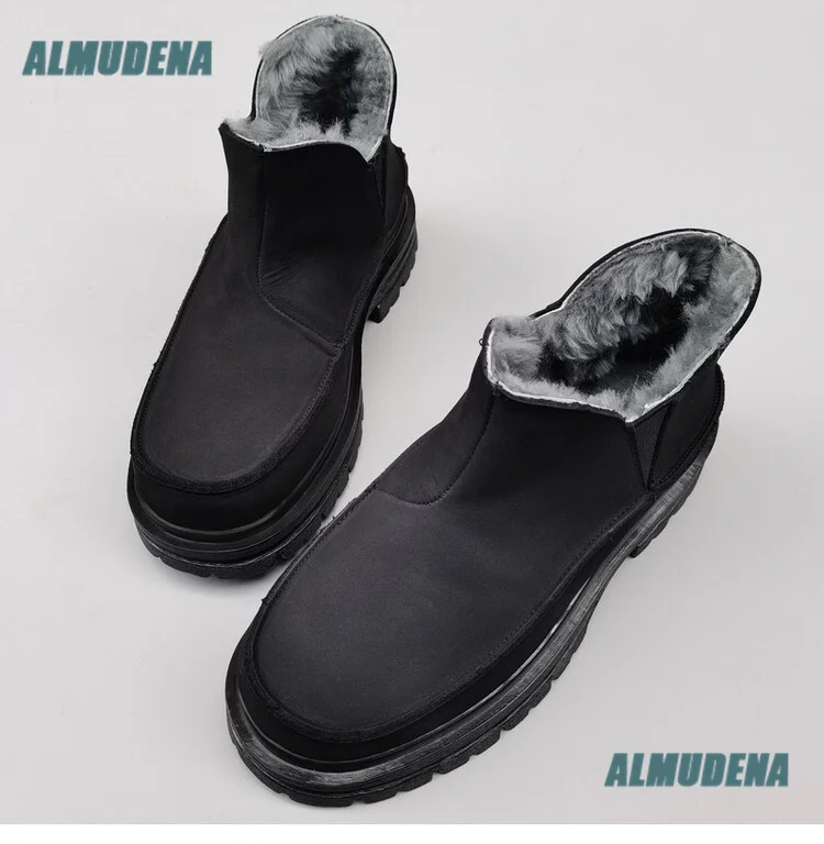 Women Black Leather Snow Boots Slip On Fleece Lined Winter Warm Ankle Boots Chunky Lug Sole Non-Slip Cold Weather Short Boots