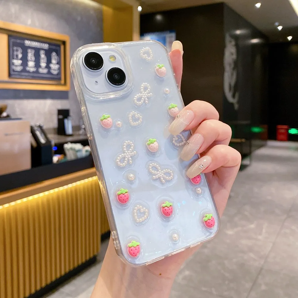 Cute 3D Love Heart Pearl Bowknot Phone Case For iPhone 16 11 12 13 14 Pro Max 15 Plus Korea Girl Soft Cover Epoxy Glitter Shell