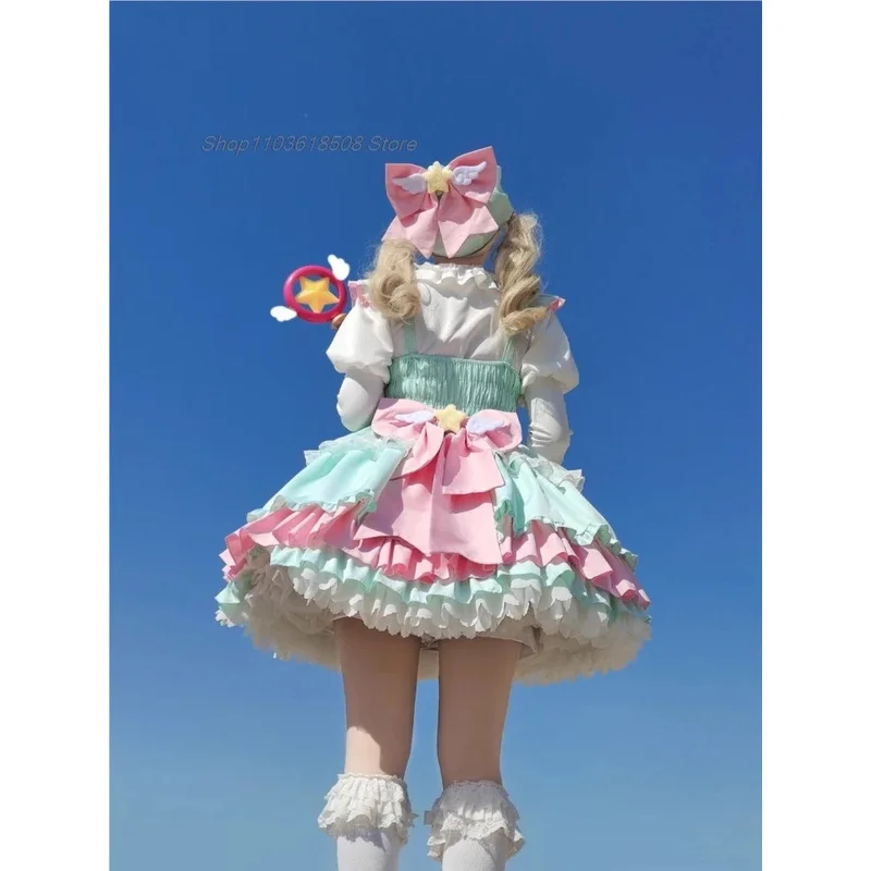 Anime Lolita JSK mini sukienka zestaw kobiety słodka magiczna gwiazda kokardka ruffles księżniczka kostiumy cosplay sukienki imprezowe dziewczyny urocza sukienka pokojówki