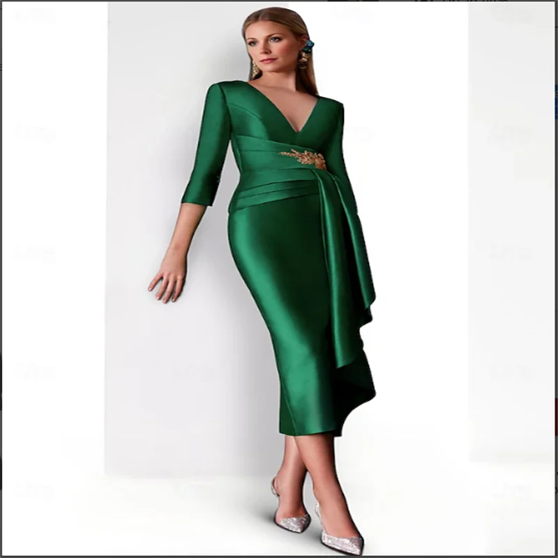 Sheath / Column Tea Length Cocktail Dresses Party Dresses Elegant Vintage Silky 3/4 Length Sleeve V Neck Christmas Formal Satin