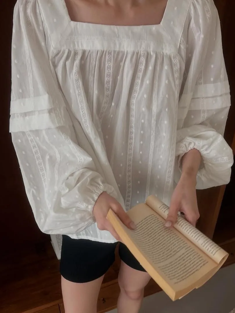 Slimming Effect  Knot White irt Women's Spring Loose Design Square Collarbone Highlighting Loose Fit Korean Sle Top