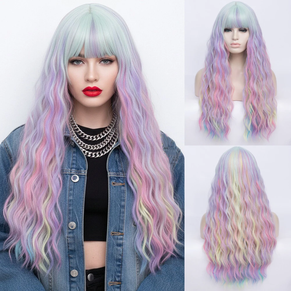 

Термостойкий синтетический розовый парик с омбре для косплея, длинный волнистый с челкой для женщин, повседневная одежда на Хэллоуин