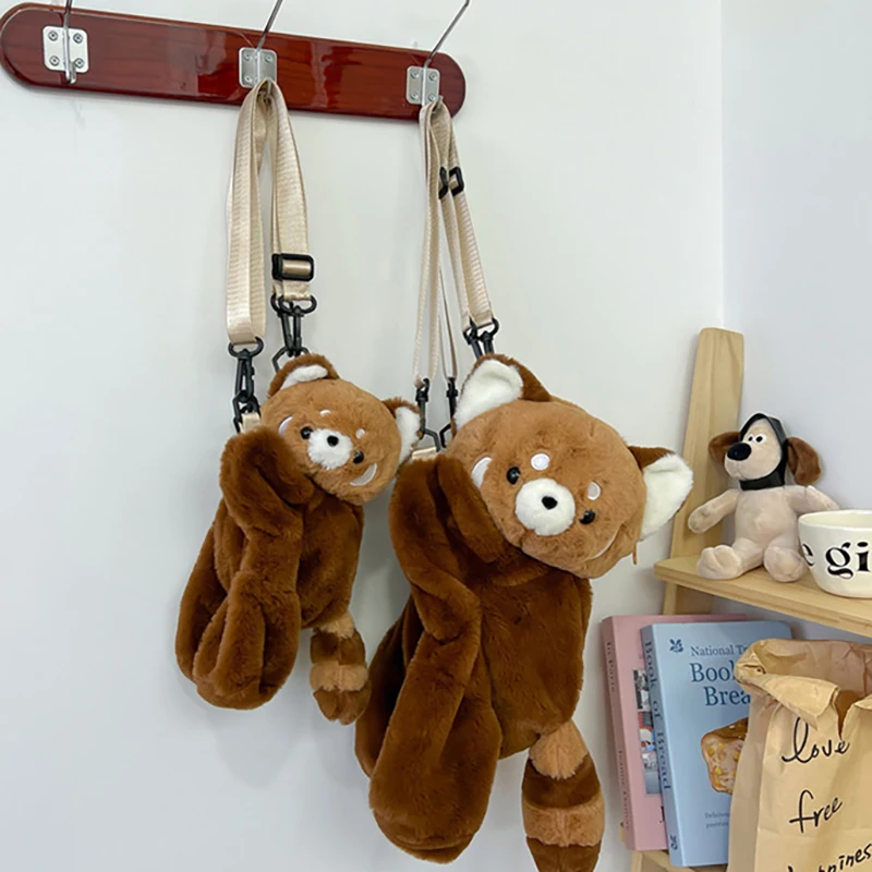 Mochila de felpa de Panda rojo, bonita muñeca de peluche, bandolera de piel suave para mujer, para acampar, viajar, fiesta, regalo de cumpleaños femenino