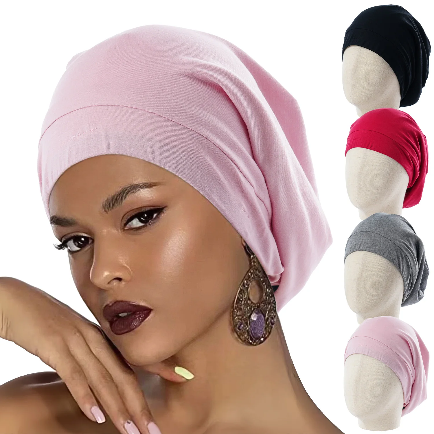 New Women Double Layer Cotton Satin Beanie Hat Arab Women Wrap Headscarf Turban Muslim Islamic Eid Prayer Hijab Bottom Hat