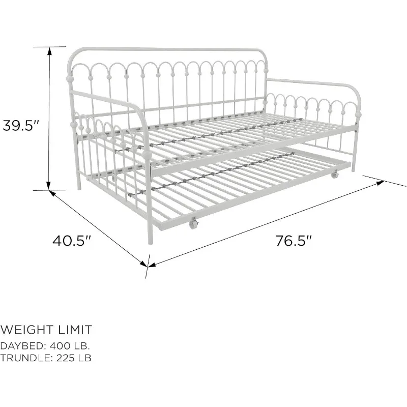 Cama de día y nido de Metal de tamaño doble, elegante y multifuncional, ruedas integradas, 76,5 "L x 40,5" W x 39,5 "H, blanco