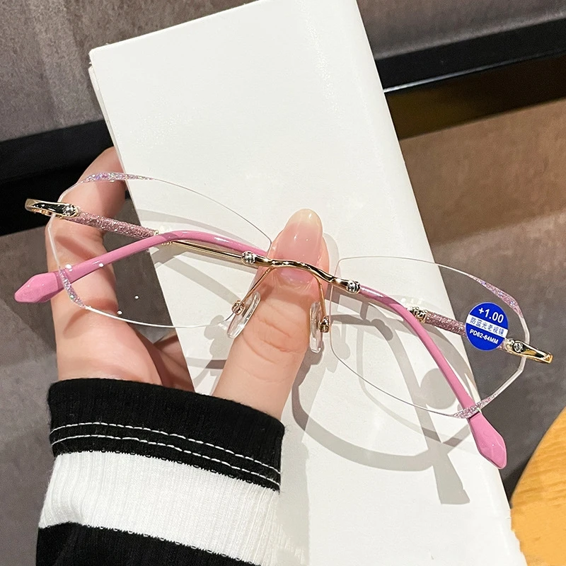 Lunettes de lecture sans monture pour femmes, lunettes anti-lumière bleue, coupe diamant de luxe, lunettes pour femmes plus délinquants, dioptrie 0