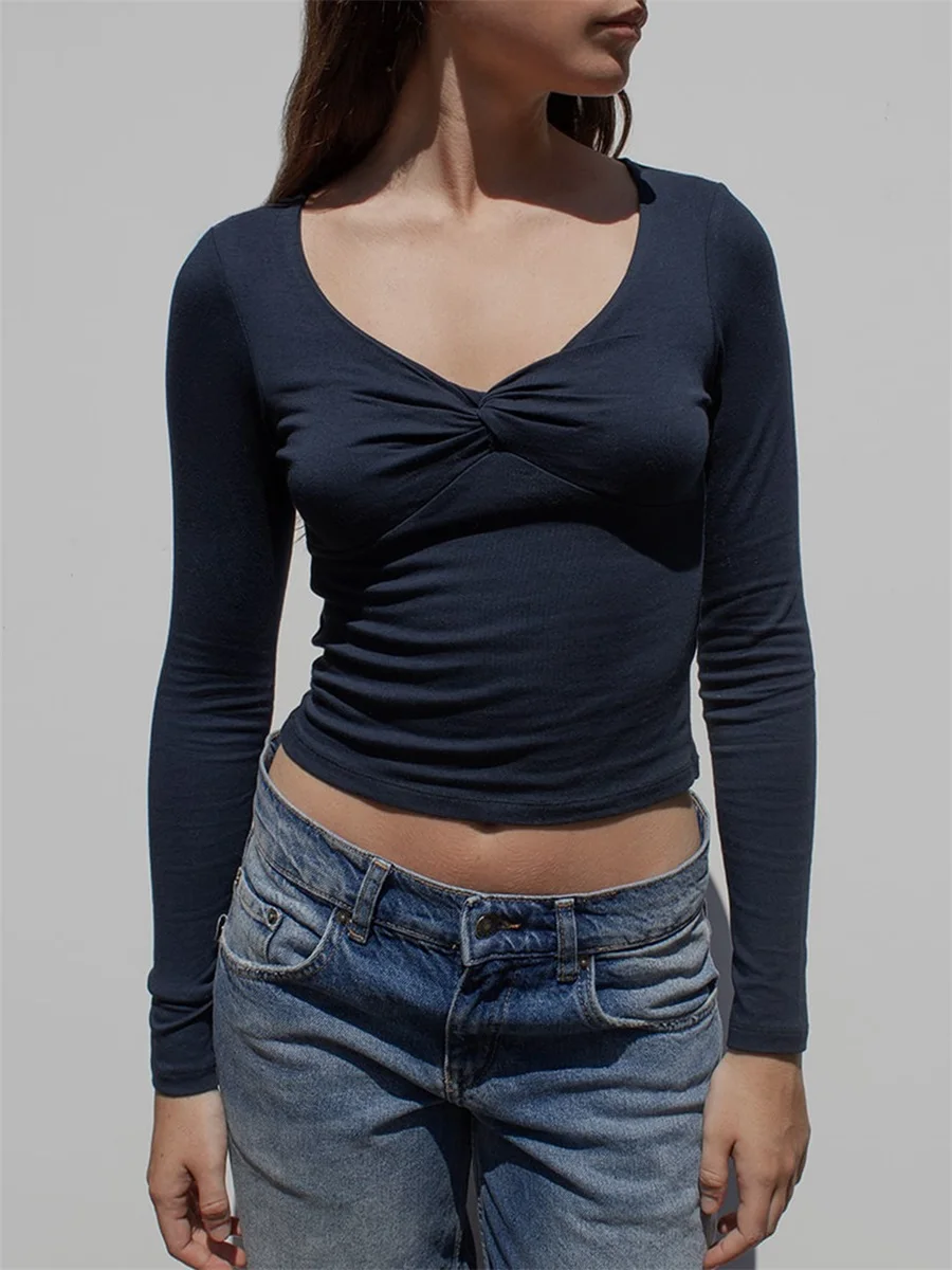 Women's Summer Slim Cropped Tops Solid Color Long Sleeve Twist Front V-Neck Show Navel T-Shirt