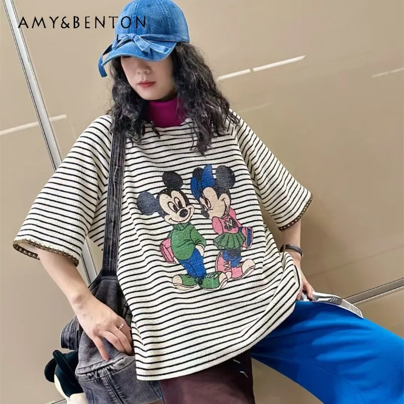 

2026 весенняя модная футболка в полоску с мультяшной основой и длинными рукавами в стиле пэчворк, большой кружевной топ, молодежная футболка с короткими рукавами для женщин