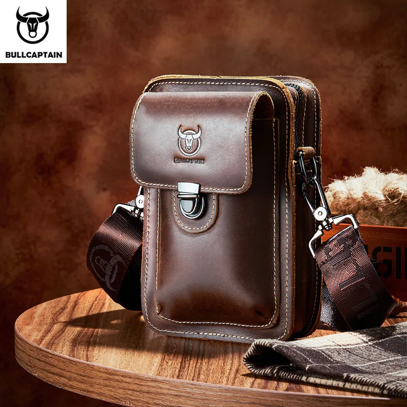 BULLCAPTAIN Crazy Horse Leather Male Waist Pack Phone Pouch Bags Waist Bag Men\'s Small Chest Shoulder Belt Bag Back Pack YB075