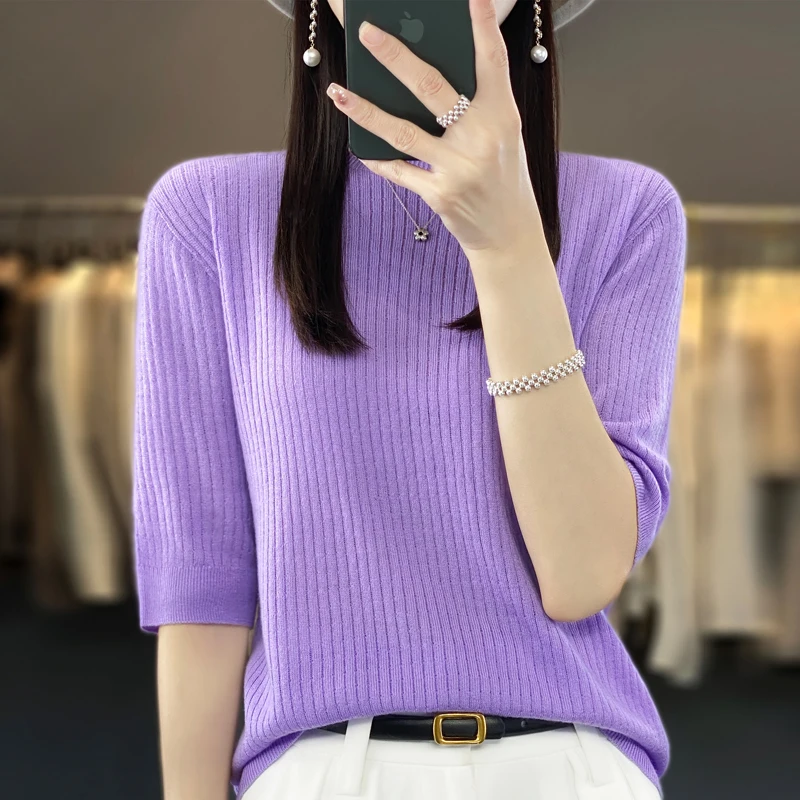 Women's Summer Short Sleeve Fine Imitation Seamless Wool Knit Slim Fit Pullover Half Sleeve Thin Sweater Tank Tops T-shirt Basic