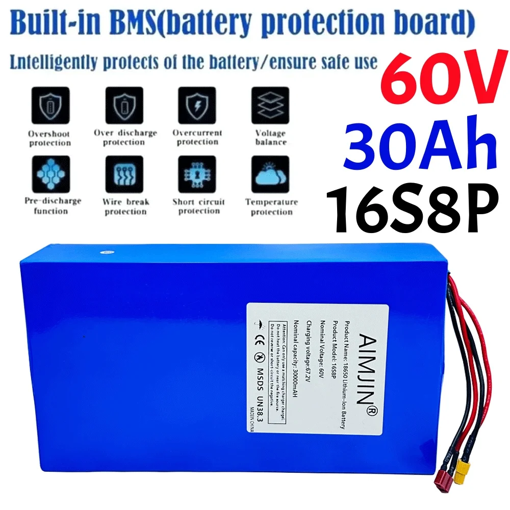 

New 16S8P 60V 30Ah 18650 lithium battery pack 0-3000W high-power built-in BMS scooter motorcycle charging battery pack