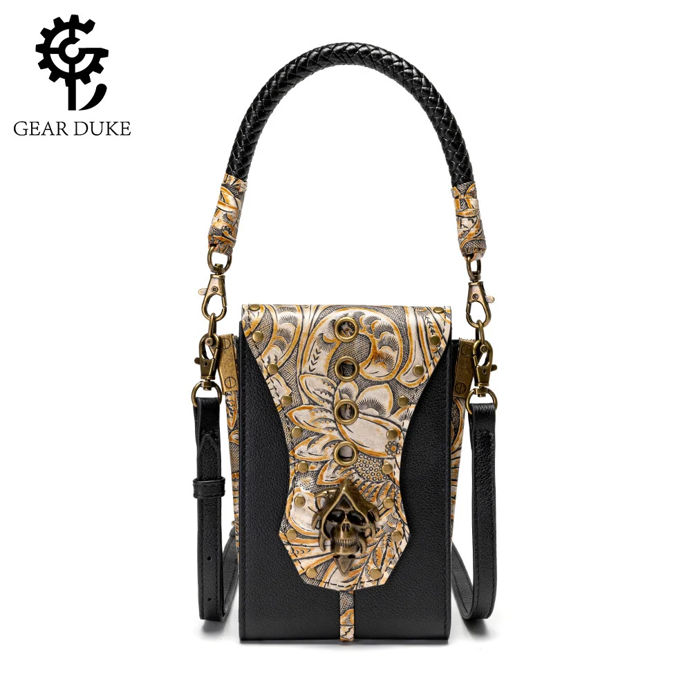 

European and American retro embossed leather handbag, women's rivet phone waist bag, small square toe cover, cowhide single shou