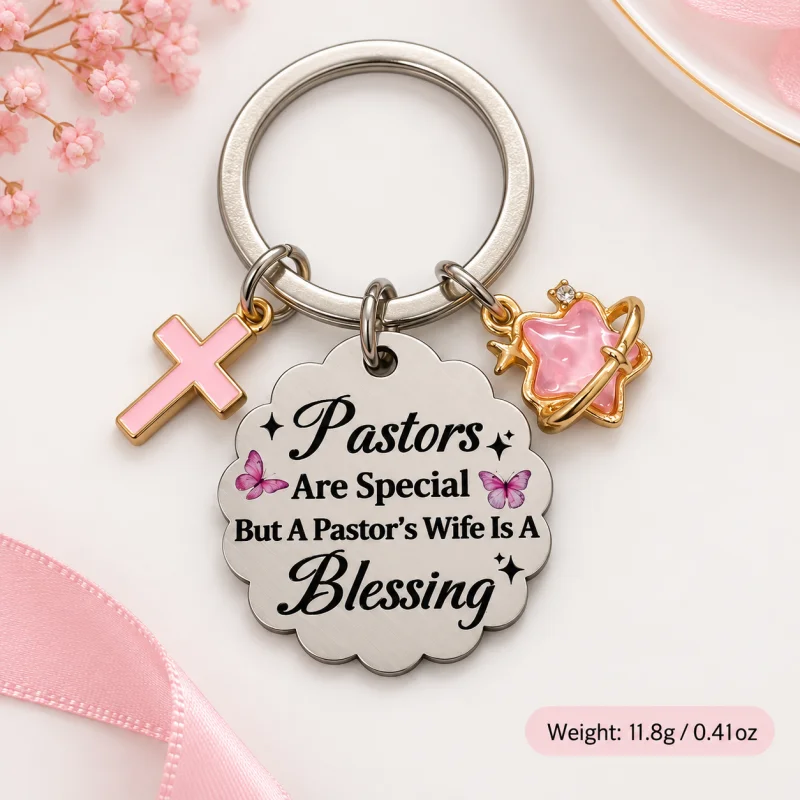 Pastor's Wife Blessing Keychain Pink Cross Star Charm Appreciation Gift