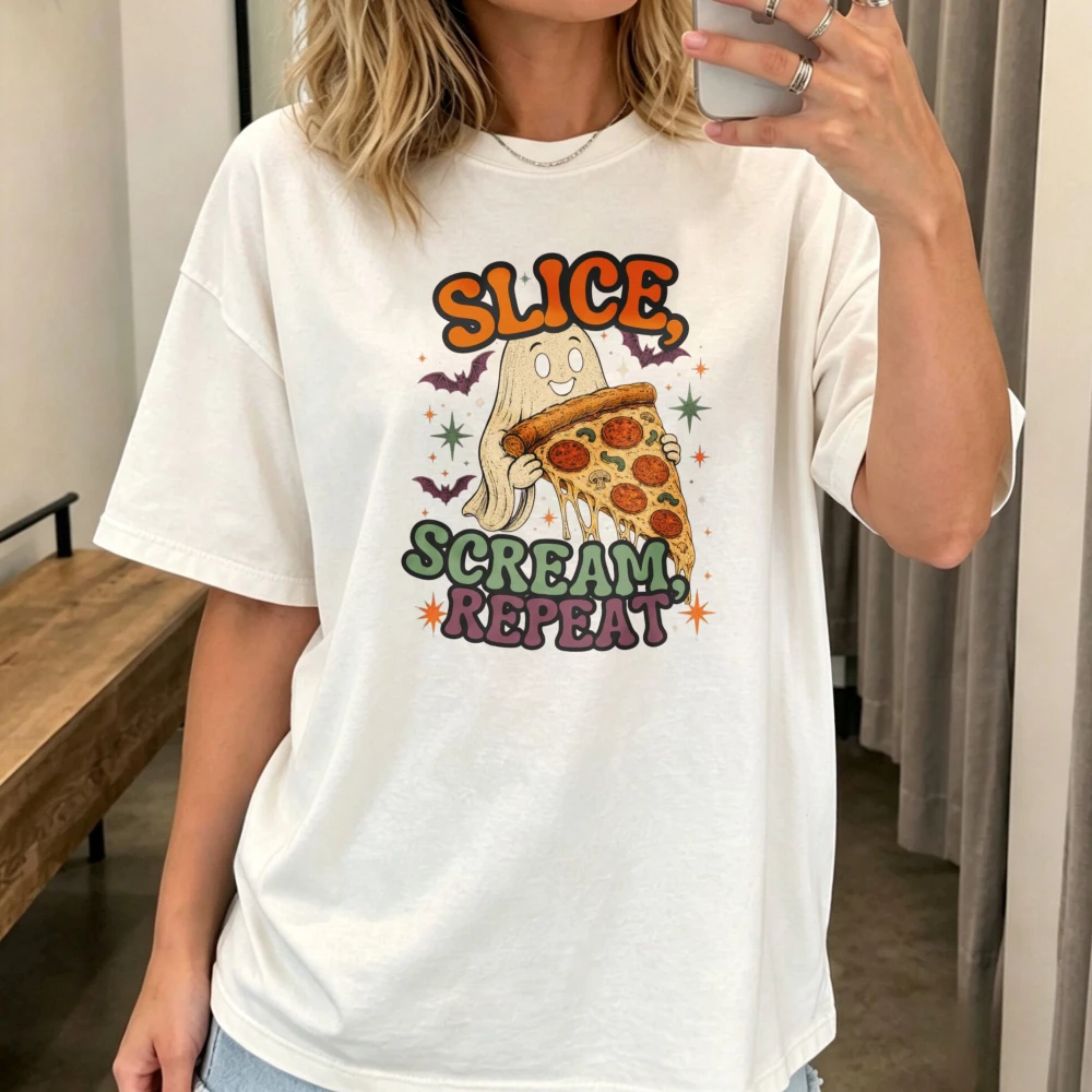 Slice Scream Repeat Ghost Pizza Halloween Funny TShirt Humor Pizza Lover Gift T-shirt Summer Cotton Short Sleeve Man Women Tees