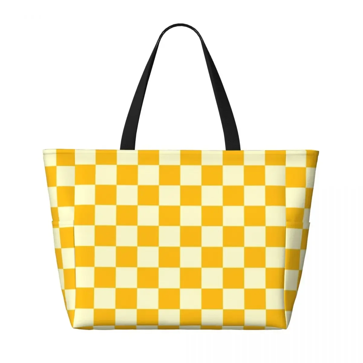 Custom Cream Yellow Checkerboard Chess Beach Tote Bag Women Extra Large Gym Carry On Geometric Checkered Travel Shopping Bags