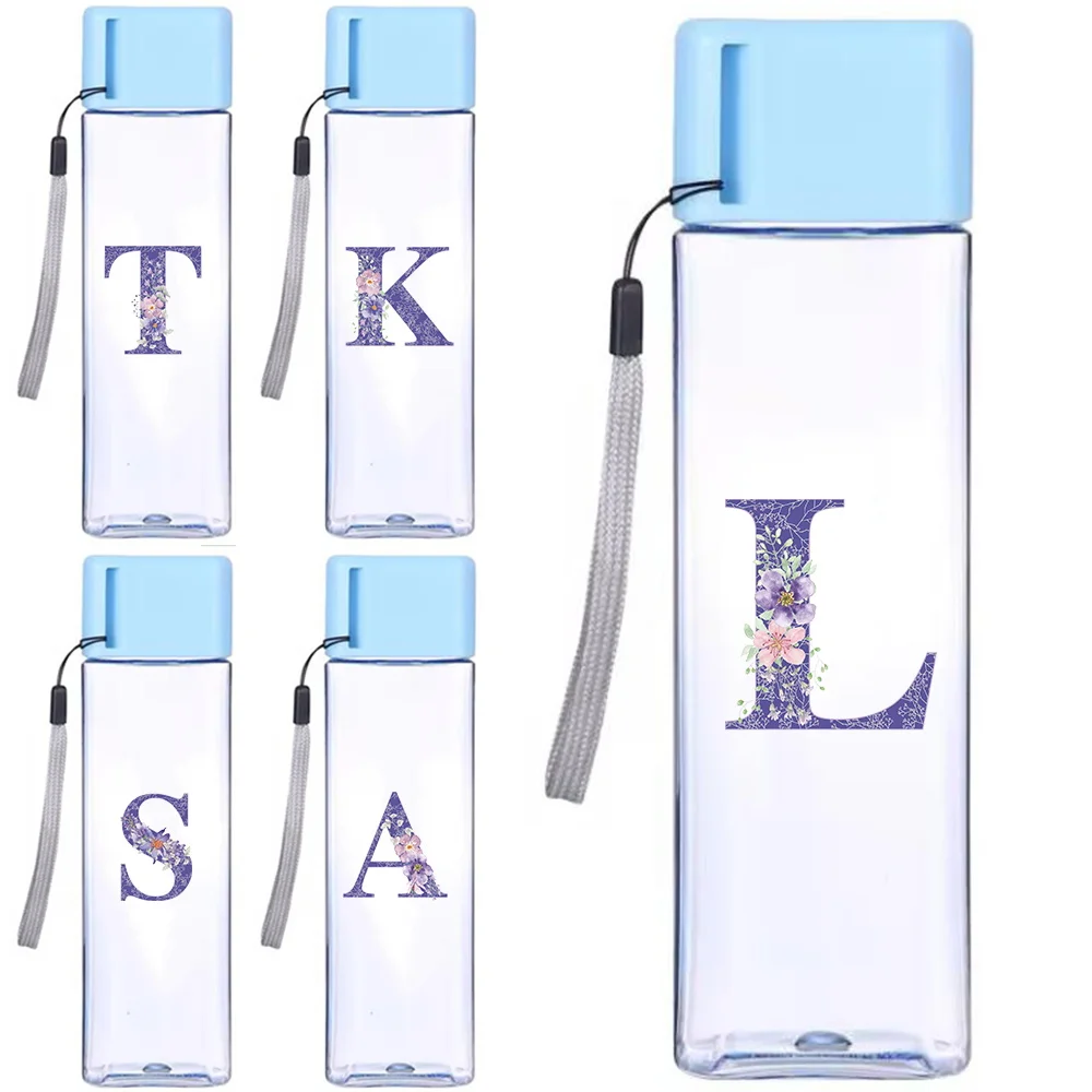 

Large Capacity Sports Water Cup With Portable Rope Transparent Square Travel Milk Water Bottle Purple Flower Letters Pattern