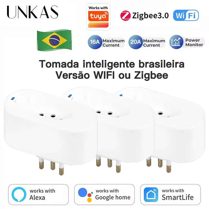 UNKAS Works with Tuya Brazil Plug WIFI or Zigbee 16/20A Socket with Power Monitor, Voice with Google Home Alexa,Smart Outlet