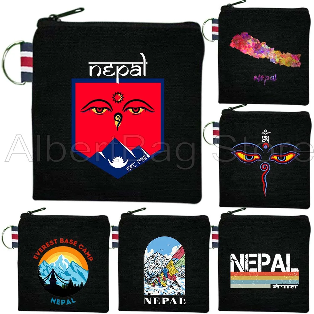 

Nepal Flag Map Buddha Eyes Nepalese Patriotic Gift Canvas Coin Purse Bag Small Square Key Storage Card Bag Cotton Wallet Pouch