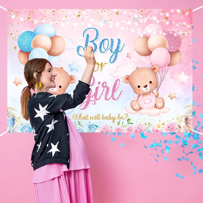 Gender Reveal Backdrop Baby Gender Party Decorations Supplies Pink Blue Bear Banner Baby Shower Photography Background