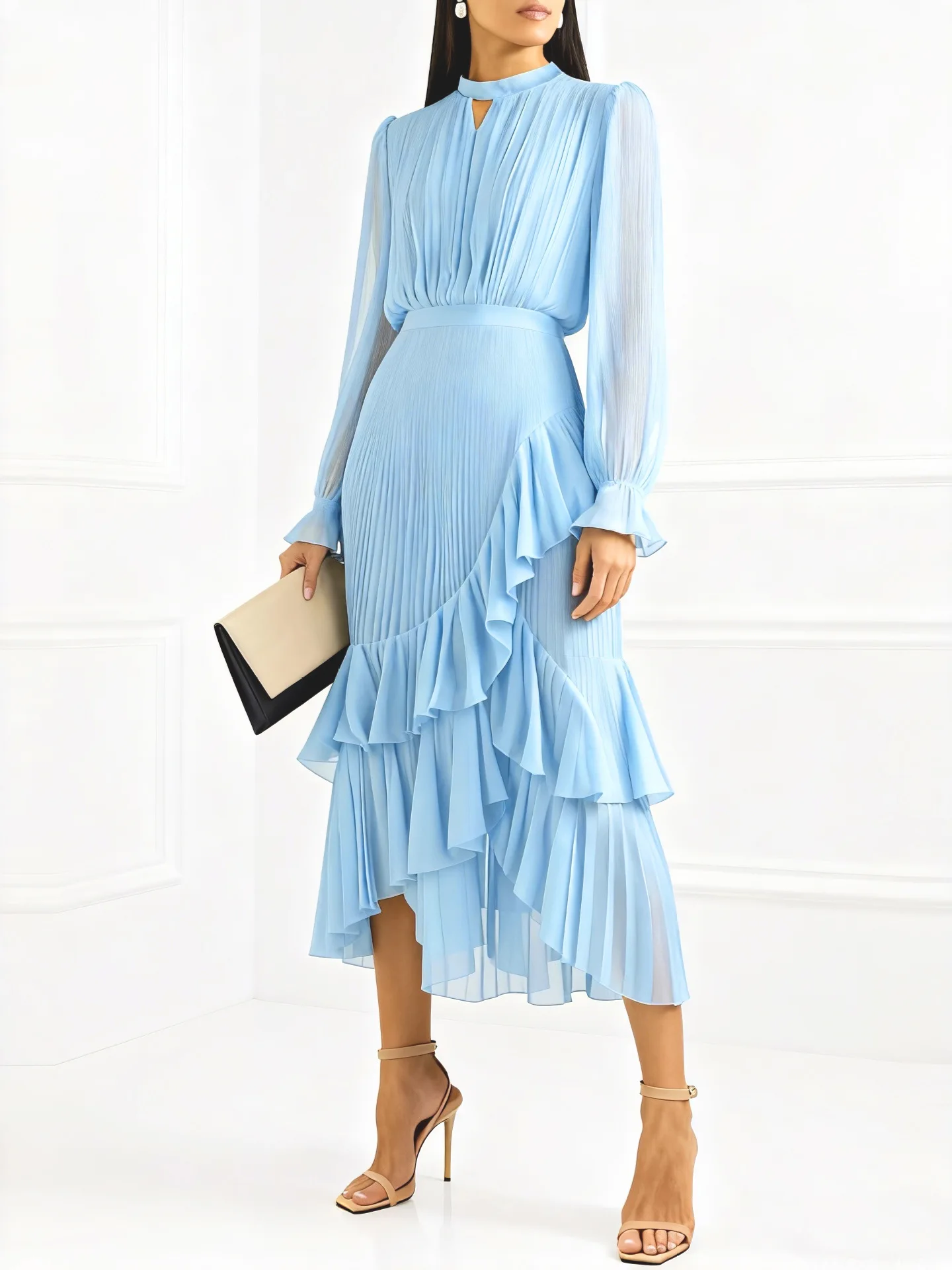 LGRQ 2026 Summer New Solid Color High Waist Dress With Ruffled Hem And Pleats Mid-Length Party Evening Gown