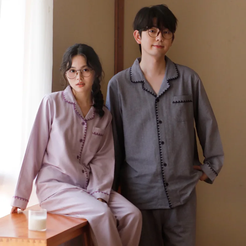 

Autumn and winter couple sleepwear, pure cotton simple solid color brushed velvet, one man and one woman home suit set
