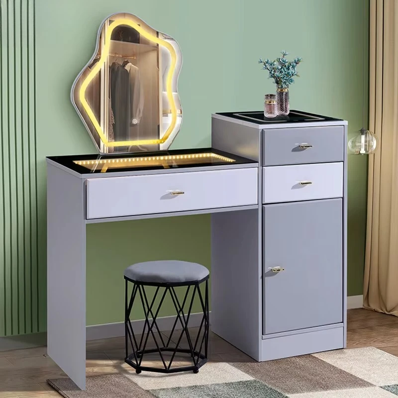Bedroom Furniture Simple Design Dressing Table with Stool Wholesale Price Custom Grey Makeup Dresser with Mirror and Lights