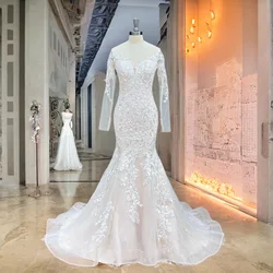 Hochzeitskleid suknie ślubne z długim rękawem syrenka z dekoltem z okrągłym dekoltem suknia w stylu Vintage Mariage Illusion z powrotem eleganckie Vestidos De Novia