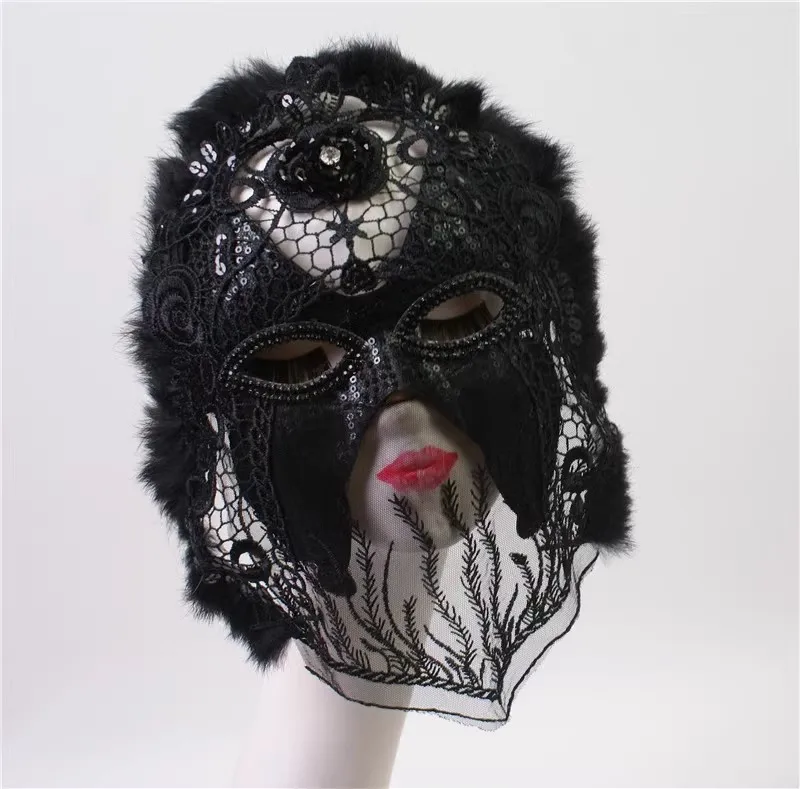 Black Feather Edge Lace Full Face Beauty Dance Party Mask, Halloween Singing Stage Mask