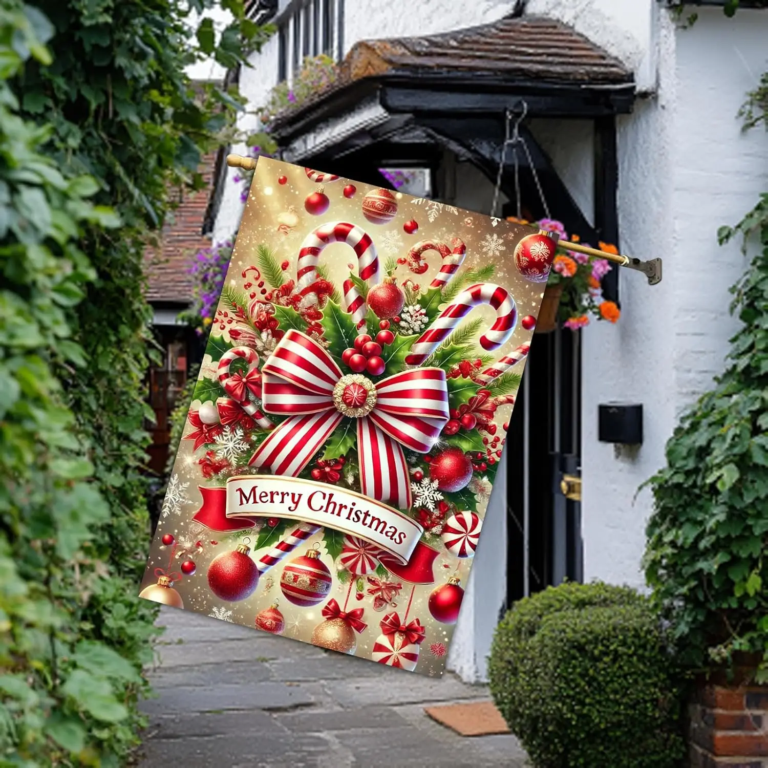 عيد ميلاد سعيد منزل العلم 28x40 بوصة مزدوجة الوجهين حديقة العلم مع قصب الحلوى القوس الأحمر والحلي لقضاء عطلة ساحة حظر JHH #6