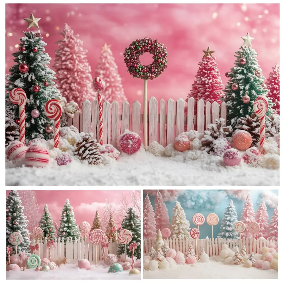 

2025 Christmas Backdrop Sweet Candy Lollipop Snow Xmas Tree Sweet Baby Girls Portrait Photography Background Photo Studio Props