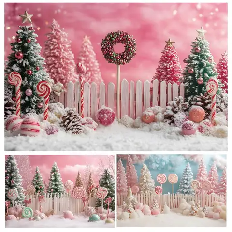 2025 Christmas Backdrop Sweet Candy Lollipop Snow Xmas Tree Sweet Baby Girls Portrait Photography Background Photo Studio Props