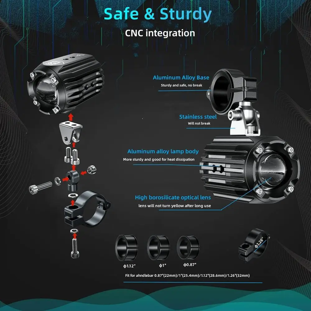 Luz led auxiliar para motocicleta, holofotes de condução, branco/âmbar, luzes de neblina com suportes de montagem, chicote de fios, à prova d'água, offroad, wor