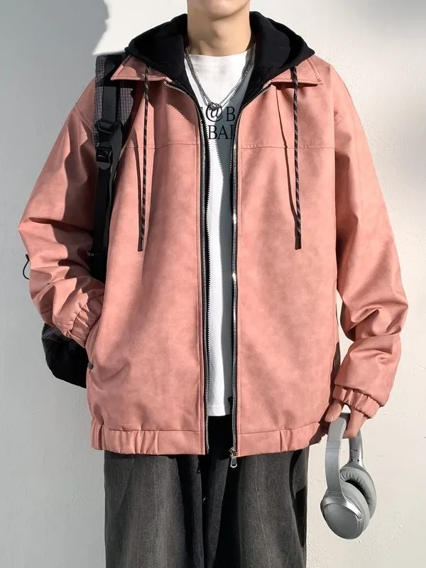 

American Retro Splice Jacket Men's Loose Casual Outerwear Spring Autumn Trendy Brand Ins Handsome Hooded Fake Two-Piece Coat