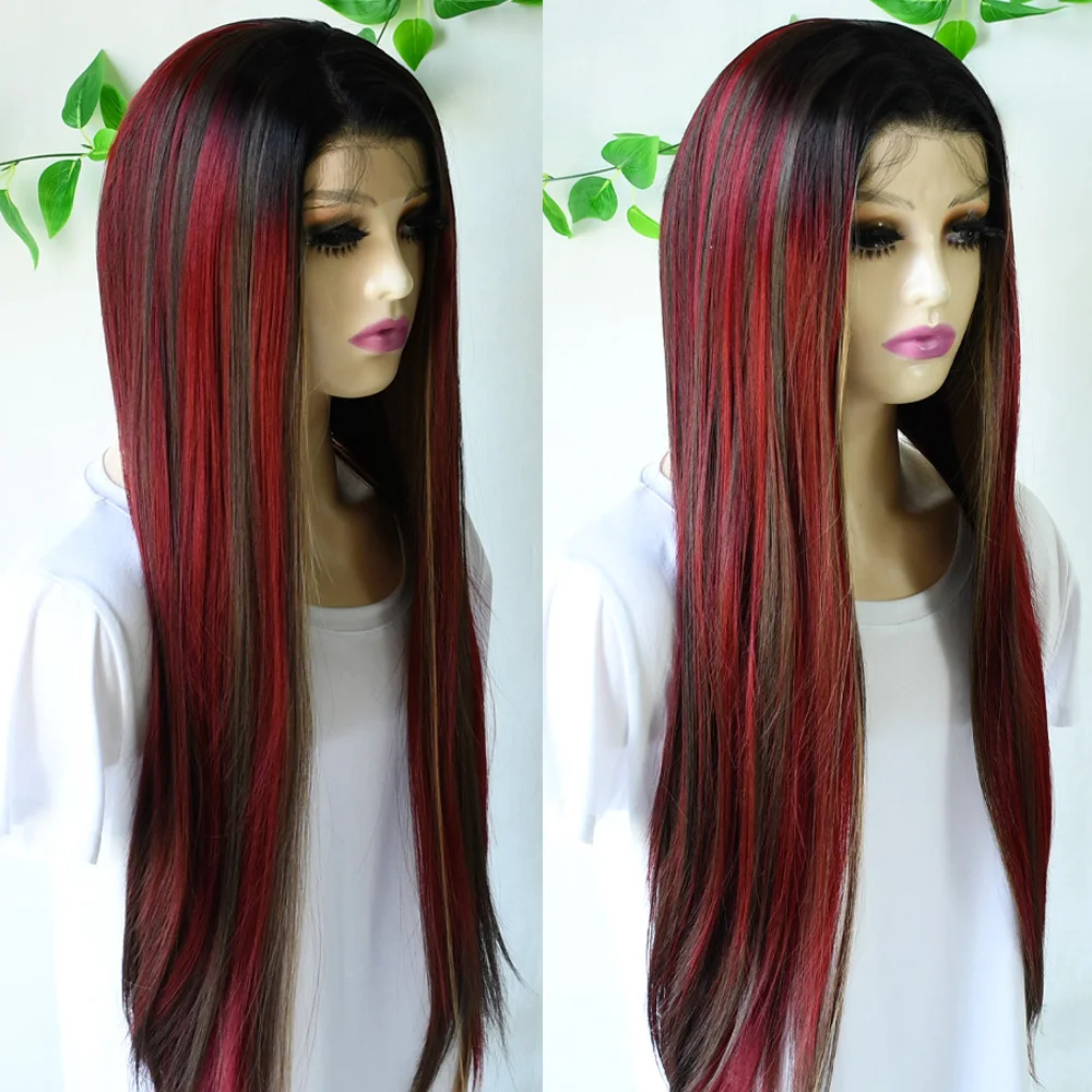 30 Inch Black Blonde Red Wig Highlight 13x4 HD Transparent Bone Straight Lace Front Wig Synthetic Lace Front Wig Cosplay