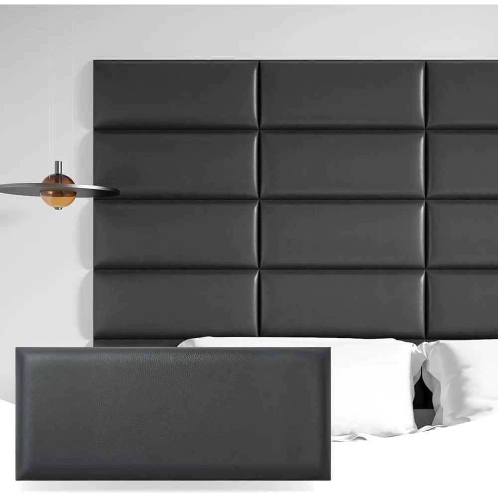 Cabecero King negro Peel and Stick, paquete de 12 cabecero tapizado para tamaño Queen, cama de tamaño completo, panel de pared acolchado