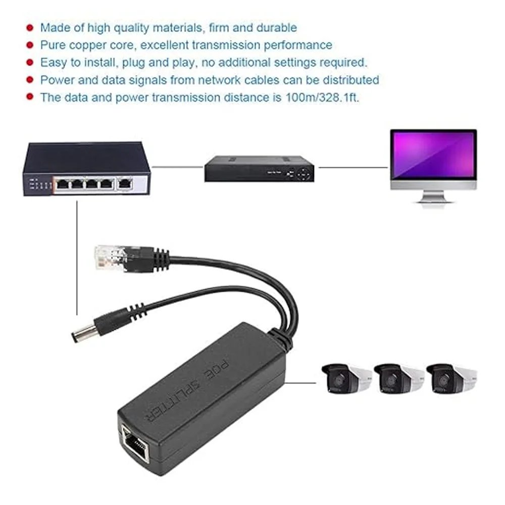 Huitenda POE Splitter Standard 48V to 12V 1A/2A Cable 10/100Mbps Power Supply Module Adapter Injector for IP Camera Switch POE