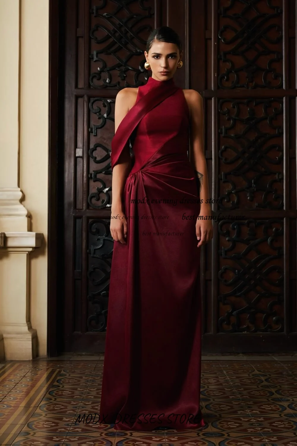 MODX Vinho Vermelho Cetim Vestido de Noite Um Ombro Gola Alta Cintura Drapeada Formal Slim Fit Vestido de Festa فستانmavera