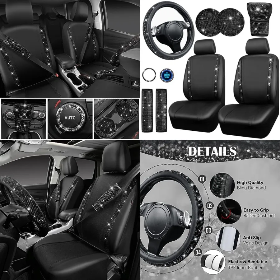 

Bling Diamond Leather Car Seat Covers 11 PCS, Sparkly Rhinestone Steering Wheel Cover Glitter Cute Interior Car Accessories Sets Seat Belt Cushion Cup Holder Coaster Women Girl, Black Diamond