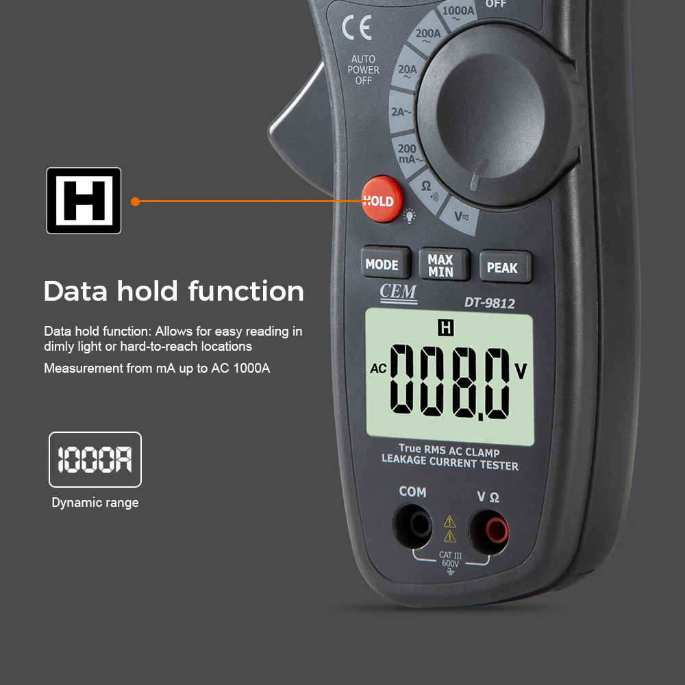 CEM DT-9812 68mm big jaw size 1000A AC Leakage Current Tester clamp meter with Peak hold function