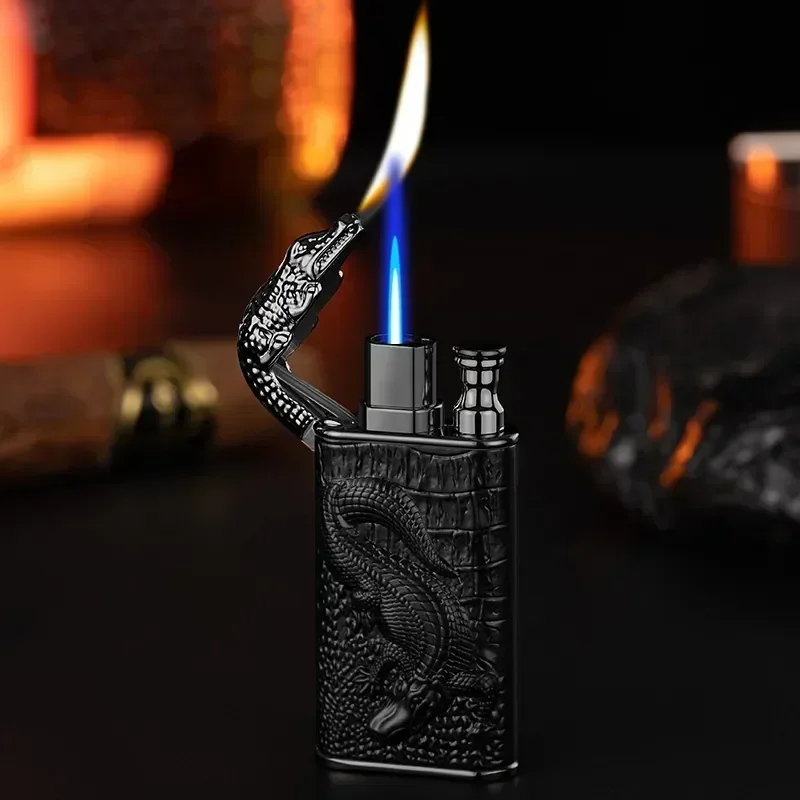 Creative Dual Flame Butane Lighter Metal Direct Spray To Open Flame Embossed Crocodile Unusual Lighter