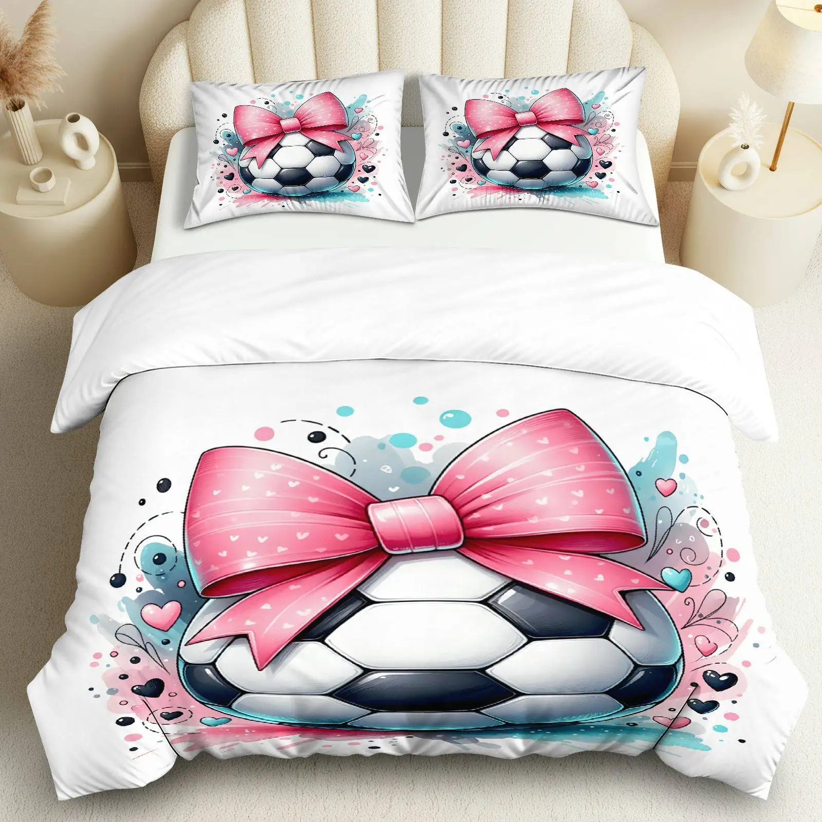 

3PCS Duvet Cover, 1 Duvet+2 Pillowcases(Without filler), Soccer Ball Bowknot Design Suitable for decoration Bedroom Living Room